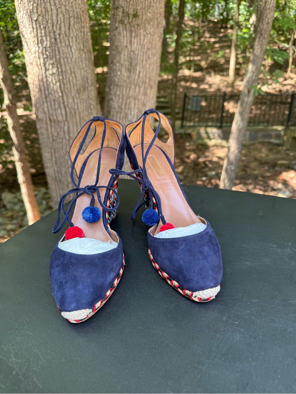 Aquazzura Navy, Red and White Woven Espadrille Tie-Heel Flats